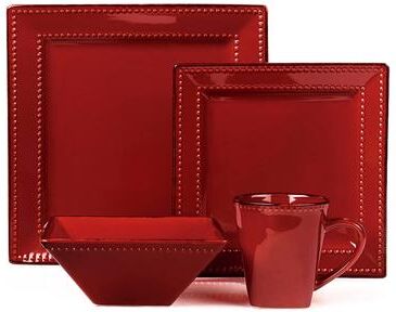 16 Piece Square Beaded Stoneware Dinnerware by Lorren Home Trends, Red