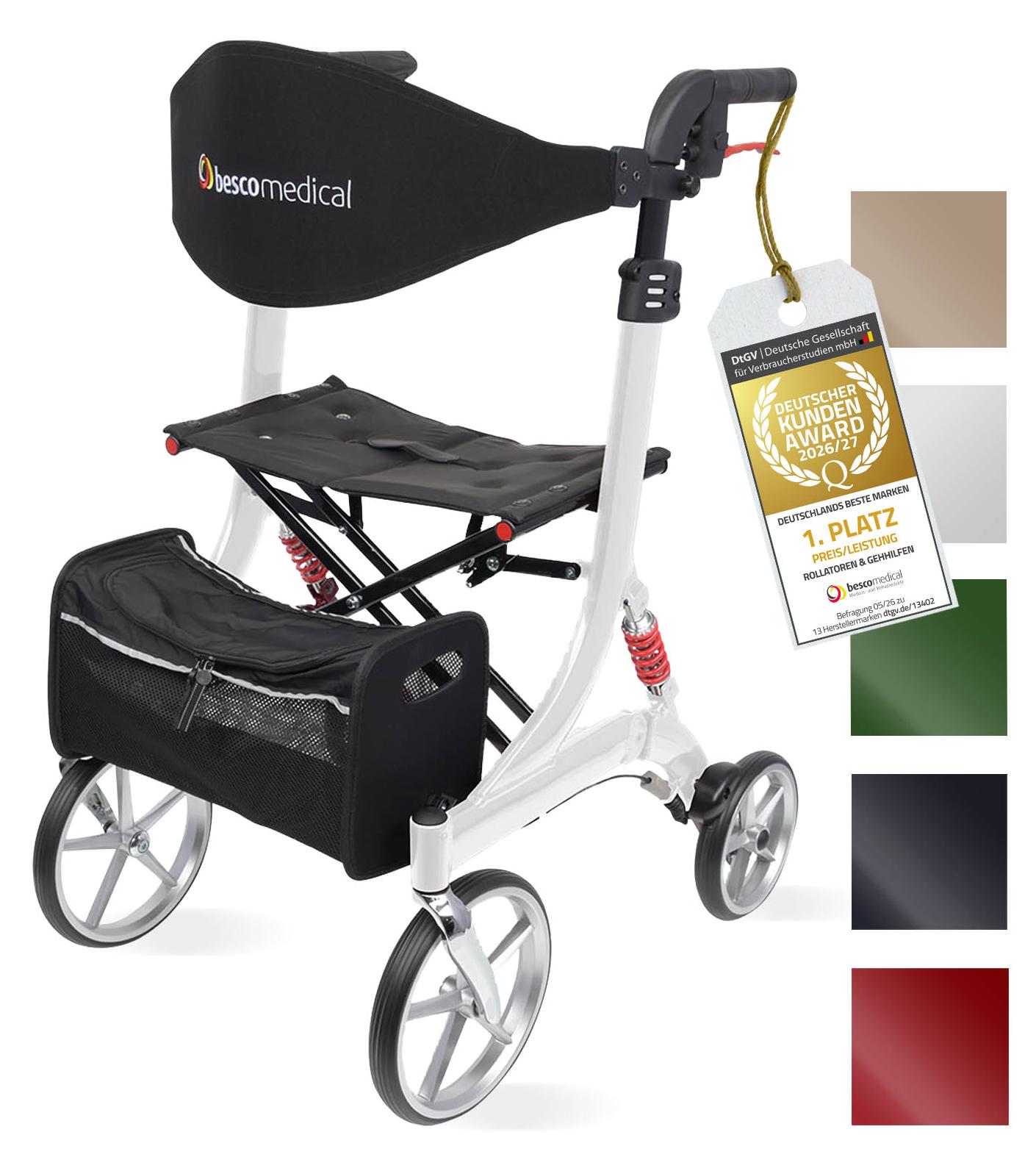 Leichtgewicht Rollator SPRING - Gehhilfe mit Komfort-Federung - höhenverstellbar & faltbar - Modell S Polarweiß - Bescomedical