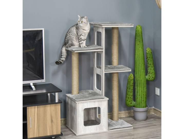 PawHut Arbre à chats design contemporain griffoirs grattoirs sisal naturel niche plate-formes 6 coussins MDF bois gris