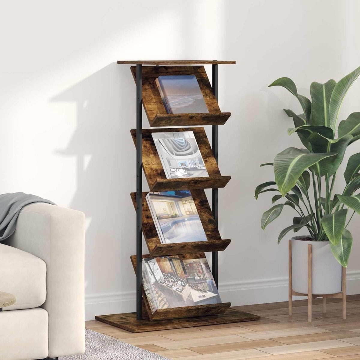 Tijdschriftenhouder en documentenrek in gerookt eiken, Hoogte: 68 cm