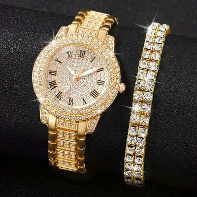 Youfap Market Roman Quartz Watch With Double Row Diamond Bracelet Gift Set, Luxury Fashion Alloy Full Diamond gold