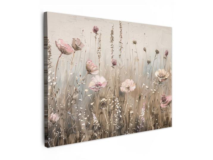 MuchoWow Leinwandbild - Blumen - Rosa - Modern - Beige - 80x60 - Malerei, Textil, Kiefer, Abstrakt, Rechteckig, 80x60 cm, gerahmt, Bilder & Rahmen, Bilder, Wandbilder