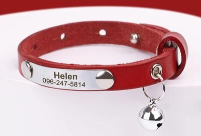 Inspired Finds Custom Engraved Leather Cat Collar With Bell Adjustable Anti Lost ID Collar red