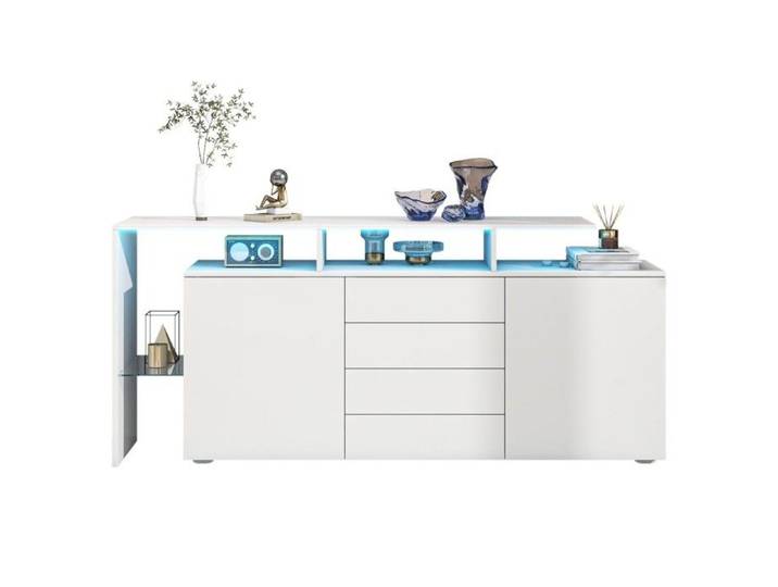 Buffet Blanc Laqué-160x35x70cm-Avec LED-Commode Multifonction-Meuble TV-Pour Salon-Salle À Manger