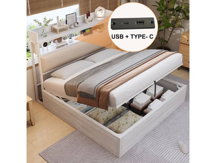 Cadre de lit 180 x 200 avec dispositif de levage hydraulique USB tête rembourrée design vintage en bois et métal rangement