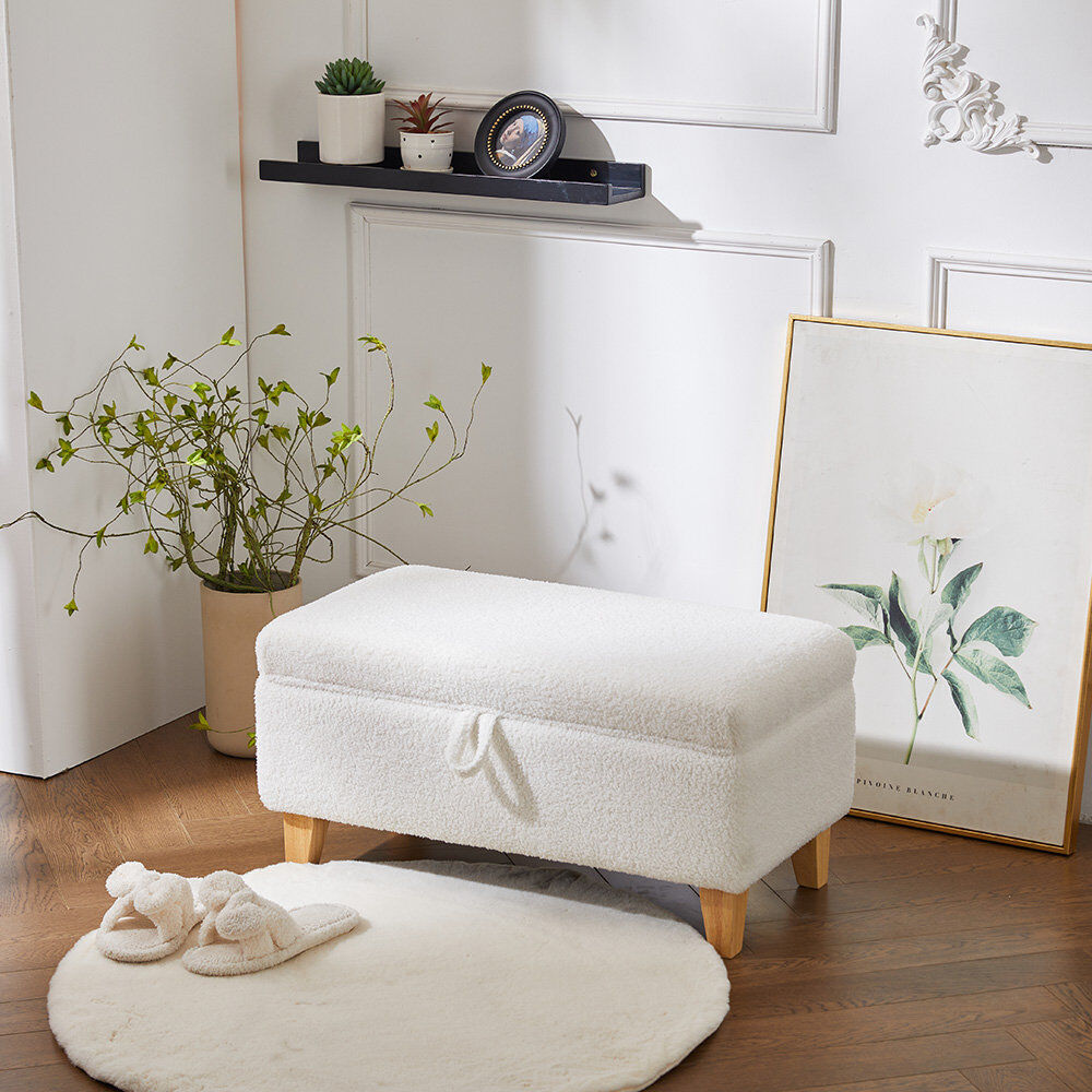 Latitude Run 71cm Wide Rectangle Footstool Ottoman with Storage White Teddy 36cm H X 71cm W X 37cm D