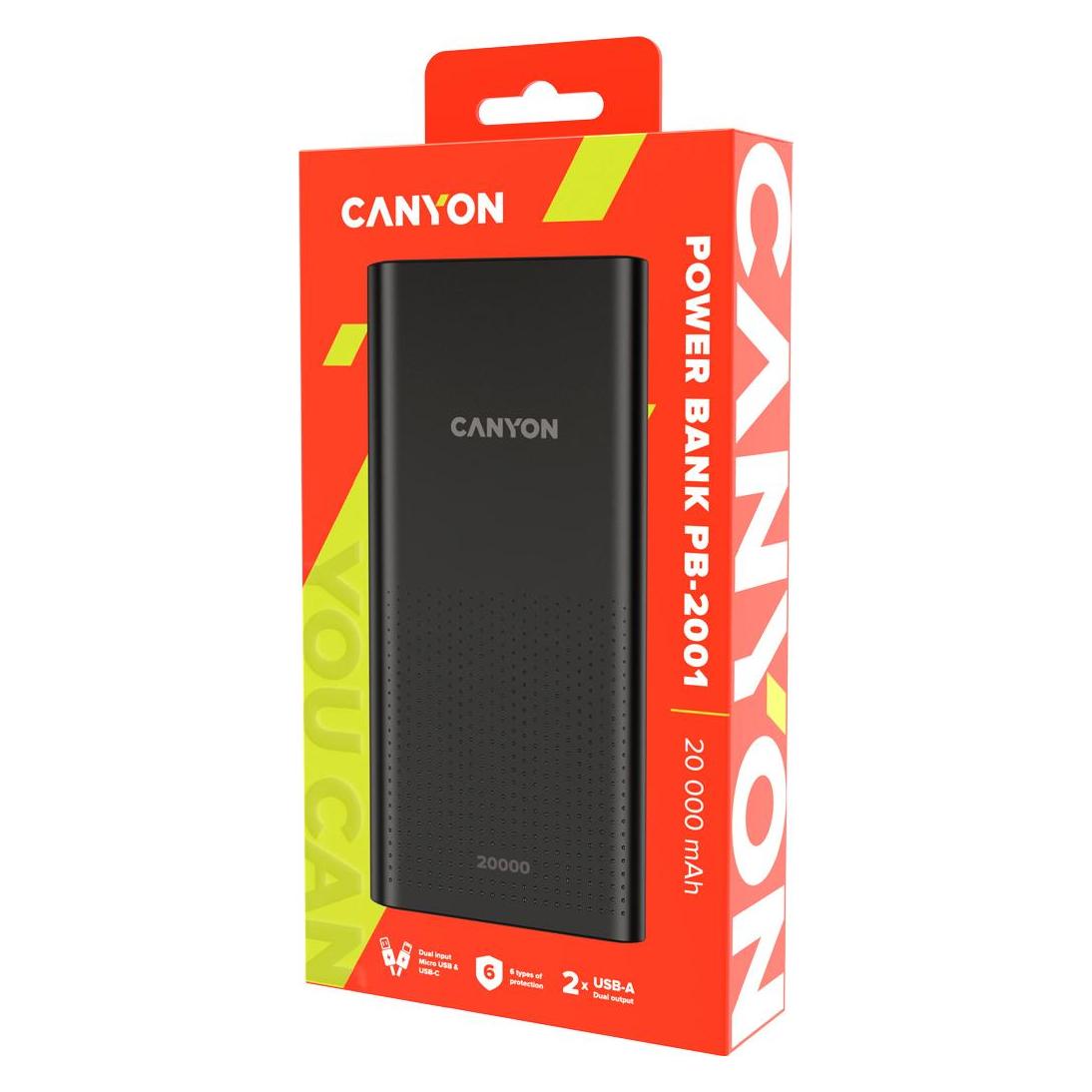 Canyon PB-2001 Power bank 20000mAh Li-poly battery Input 5 (20000 mAh, 74 Wh) (CNE-CPB2001B)