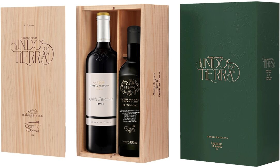 Abadía Retuerta Estuche Unidos por la Tierra vino tinto Cuvée Palomar 2021 Abadia Retuerta y AOVE Summa Varietalis 2025 Castillo de Canenay.