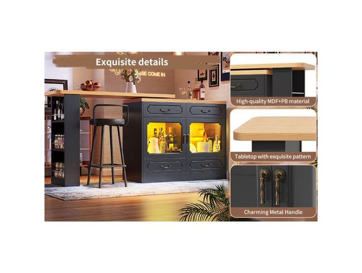 WOVREO îlot central extensible 135-203 x 39 x 92 8 cm bar rotatif 360° avec LED rangement noir et naturel