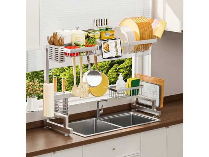 ADBIU 【Passend für Spülbecken 61 cm,83.8 cm L 2023 Version über der Spüle Abtropfgestell (erweiterbare Maße) Snap-On-Design, großes Küchenregal, Edelstahl-Theken-Organisation und Aufbewahrung