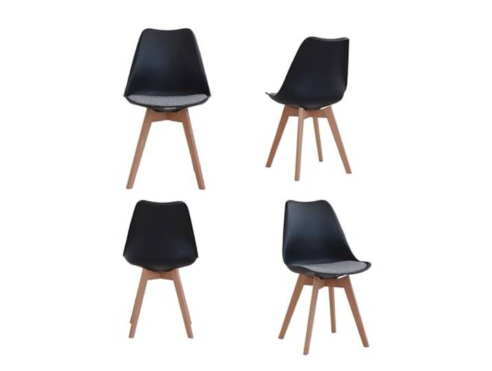 HJhomeheart Skandinavischer Esszimmerstuhl, 4er-Set, Beine aus Massivholz, Gewebtes Gestreiftes Sitzkissen, Küchenstühlen, Modernen Stühlen (Schwarz-4)