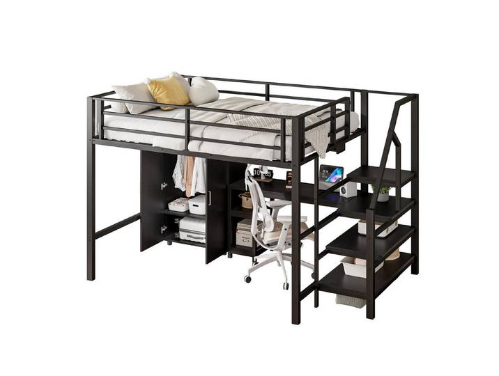Odikalo Hochbett Jugendbett Studentenbett Kleiderschrank Regale ohne Matratze140*200cm