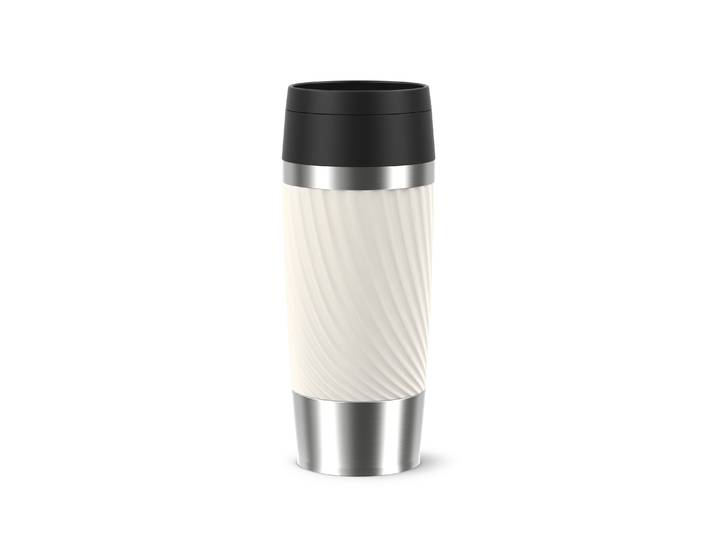Thermobecher EMSA Travel Mug Classic Twist , cremeweiß, B:8cm H:20,4cm Ø:8cm, Edelstahl, Kunststoff, Silikon, Trinkgefäße, Thermobecher, 0,36 Liter, Comfort-Schraubverschluss, Quick-Press, auslaufsicher