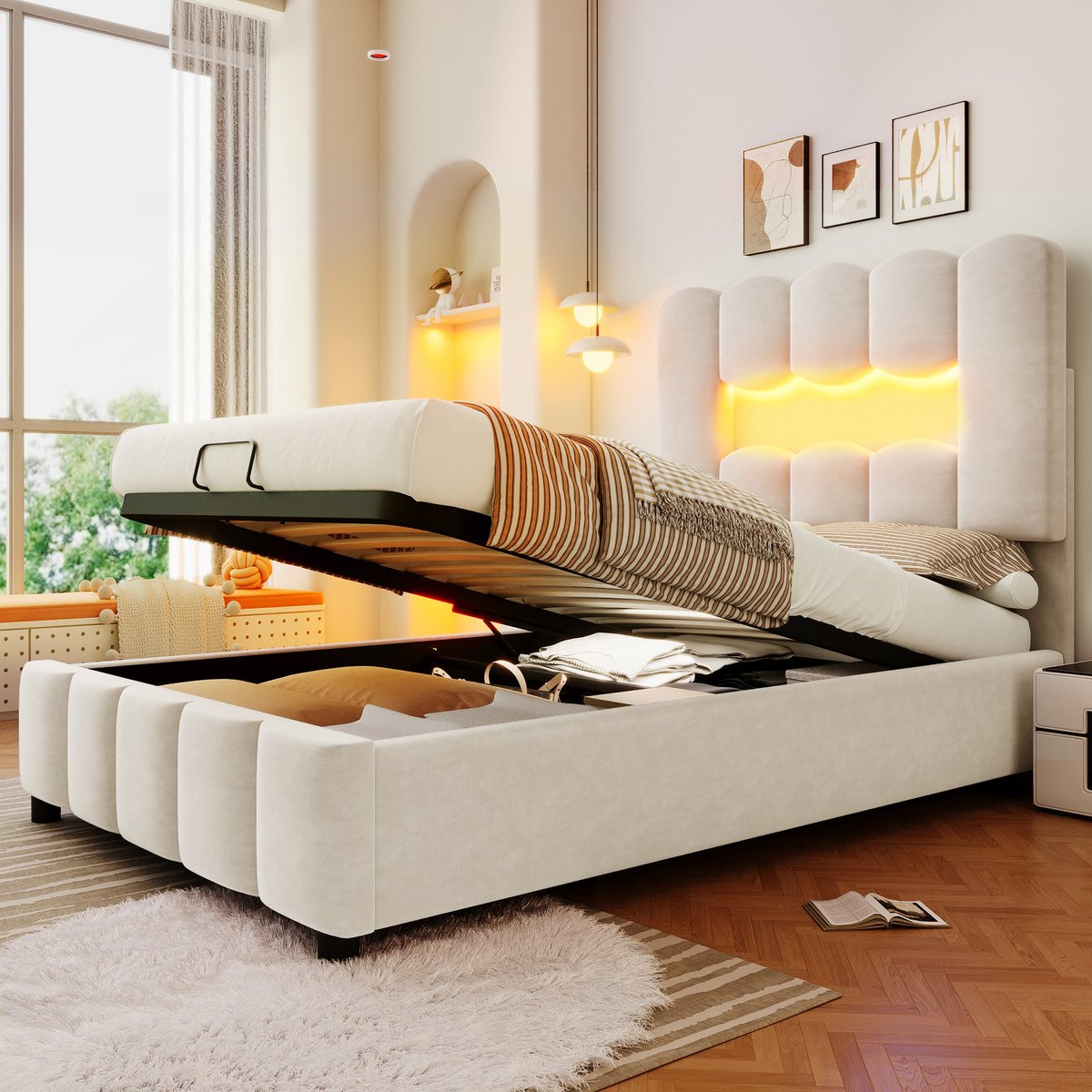 MODFU Bedframe Beige Velvet met Verstelbaar Hoofdbord, LED-verlichting en Hydraulische Opbergruimte, 90x200 cm