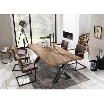 Esstisch SIT "Skopje Recyceltes Teakholz mit Sonnen-Design & X-Gestell aus Metall", beige (natur), B:180cm, Tische, Rechteckiger Esstisch Esstisch Holz-Esstische, Massives Teakholz trifft markantes X-Gestell