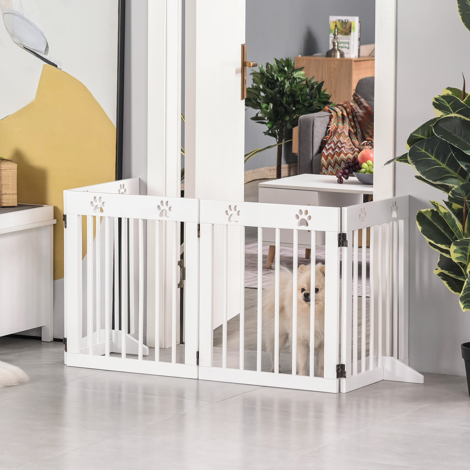 Pawhut Cancelletto di Sicurezza Pieghevole per Cani 4 Sezioni in Legno di Pino Resistente e Facile da Montare 204x30x61cm Bianco Aosom