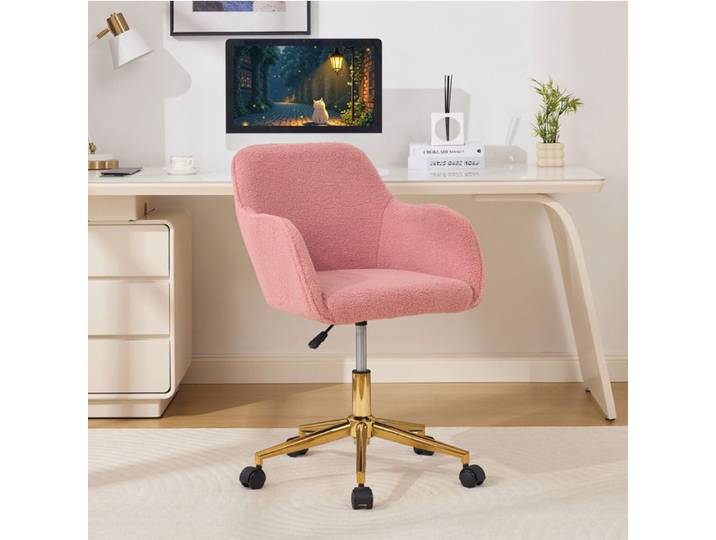Chaise de bureau pivotante en tissu bouclette Teddy hauteur réglable 360° - MODENVIE - base dorée métal rose