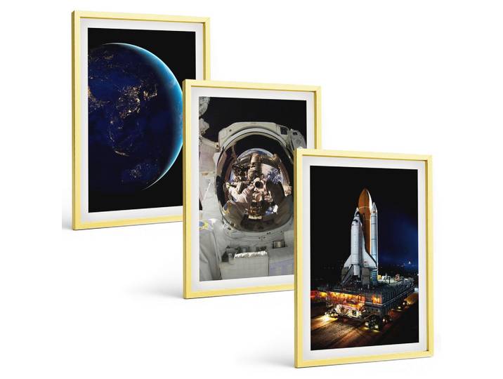 BILDER SET 3er Set - 40x60 cm Goldrahmen - Weltraum Erde Astronaut Rakete