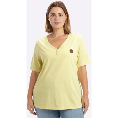 V-Shirt SHEEGO "Kurzarm-Shirt", Damen, Gr. 44/46, gelb (zitrone), 100% Baumwolle, unifarben, V-Ausschnitt, Shirts