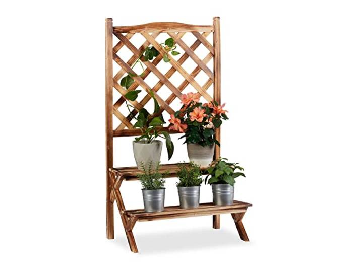 Relaxdays Blumentreppe mit Rankgitter, Blumenregal 2 Ebenen, stehende Pflanzentreppe Holz, HBT: 109x61x40 cm, gebrannt