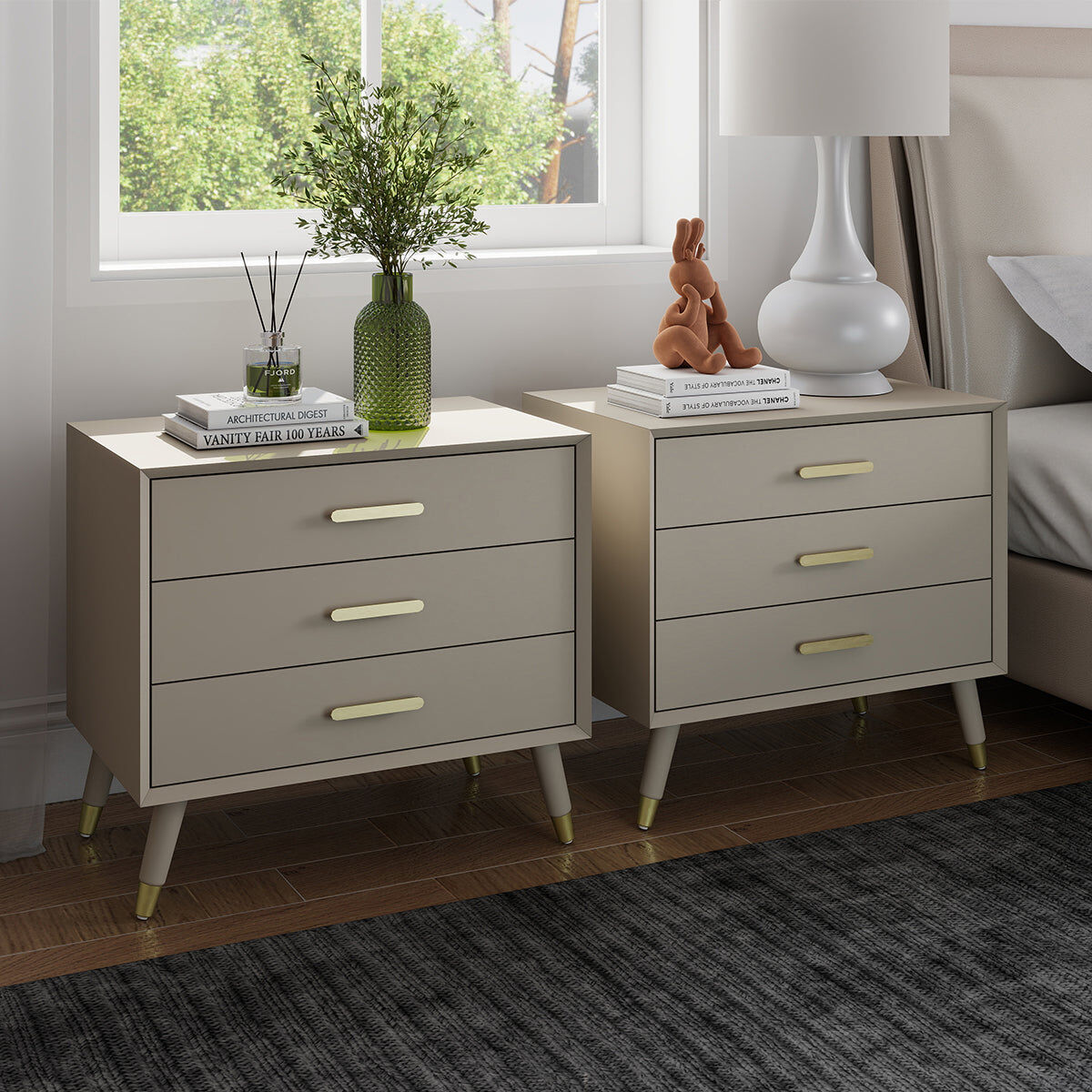 Pair of Large 3 Drawer Bedside Tables - Oslo Taupe Range Wood, Metal
