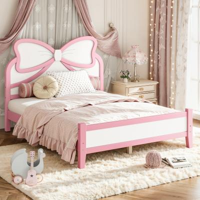 GREATPLANINC Full Size Princess Platform Bed with Bow-shaped Headboard Slatted Support