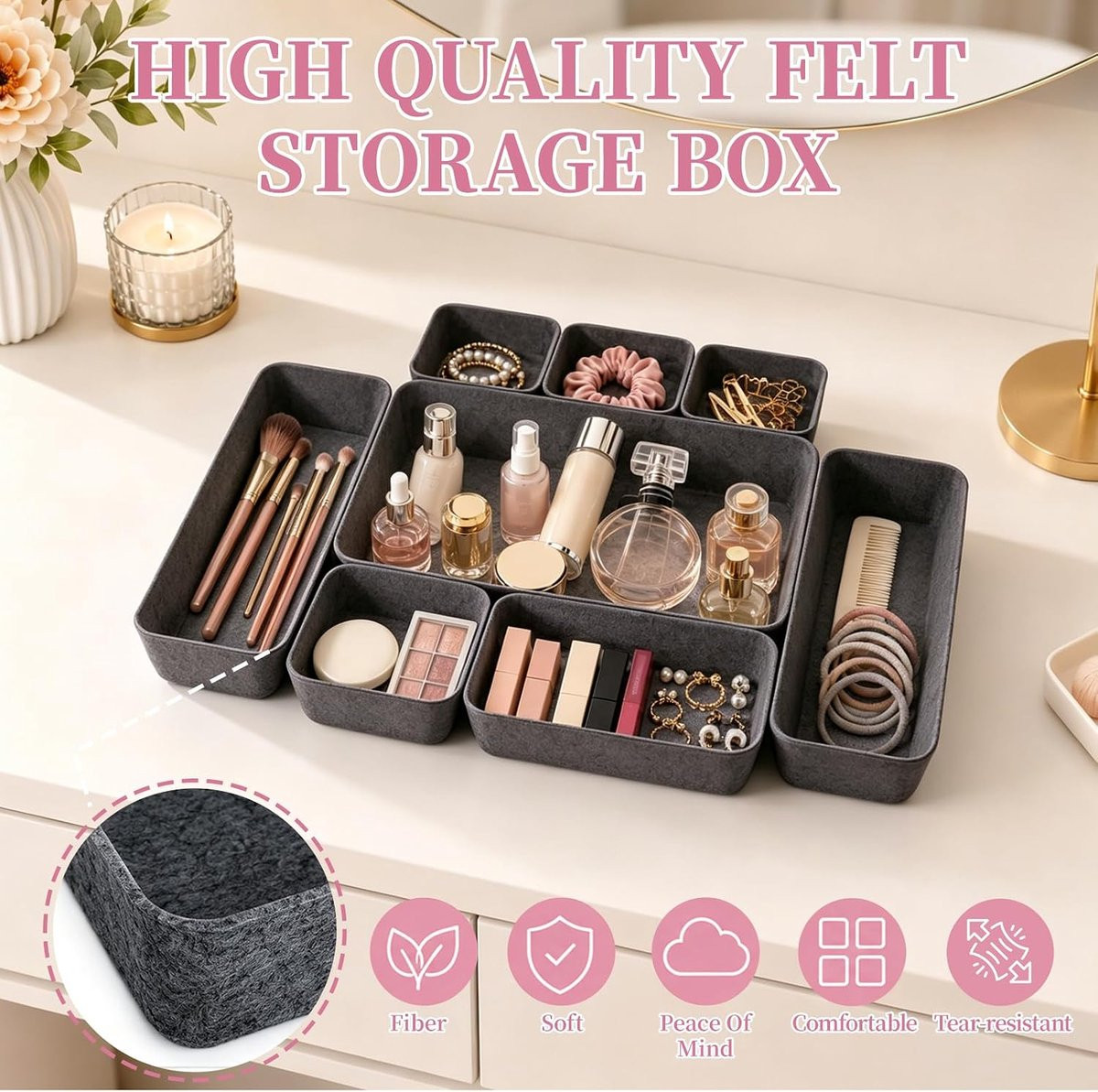 8-delige modulaire vilten lade organizer set voor bureau, keuken of badkamer