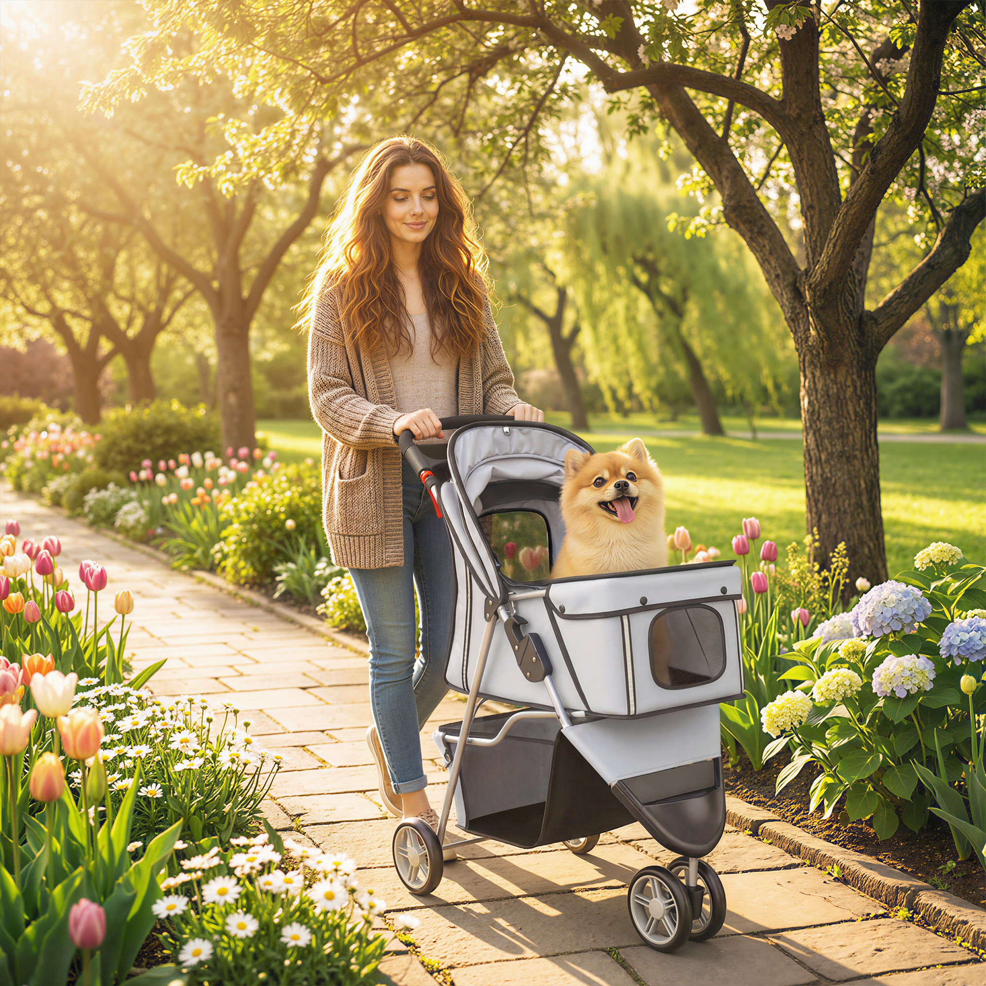 Pawhut Passeggino per Cani Pieghevole con Portabicchieri e Cestino, 77x44x102 cm, Grigio   Aosom Italy