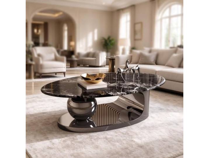 YHTCSXMD Couchtisch oval modern, Steinplatte mit Edelstahlgestell Glatte Steinplatte, Edelstahlbasis, Größen 120/130/140 cm, Couchtisch modern für stilvolle Wohnzimmer