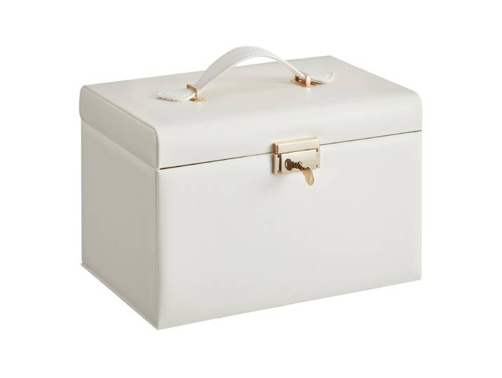JOYFURNOS Sieradendoos met 3 lagen, sieradenorganizer met 2 lades, sieradencase met draagbare reisetui, met handvat, afsluitbaar, cadeau-idee, wolkwitte PU-hoes, crèmewitte voering