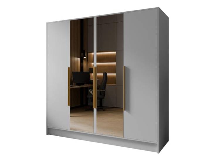 MEBLINI Kleiderschrank LUSINDA 200 cm - Drehtürenschrank mit Zwei Spiegeln - mit goldfarbenen Griffen - Kleiderstangen und Regalböden - Weiß Matt