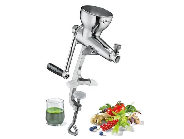 KÜCHENPROFI SOLIDO Beeren- und Saftpresse aus 18/10 Edelstahl, BPA-frei, extrafeiner Siebeinsatz, Stößel, Bürste, einstellbarer Tresterauslass, Tischklemme, für Obst, Gemüse und Kräuter