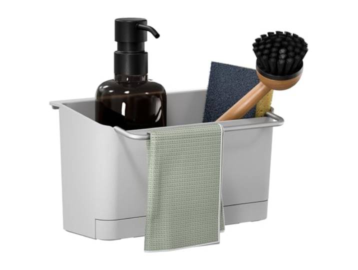 Tesa Accessoires de Cuisine Organiseur d'Évier - Organiseur d'Évier Adhésif et Suspendu pour Savon\, Brosses\, Éponges et Chiffons - avec Adaptateur\, Montage Mural sans Perçage - Blanc-Chrome