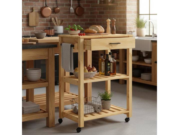 Chariot de cuisine 60x40x88,5 cm en pin massif, chariot utilitaire avec étagère de rangement, îlot de cuisine mobile