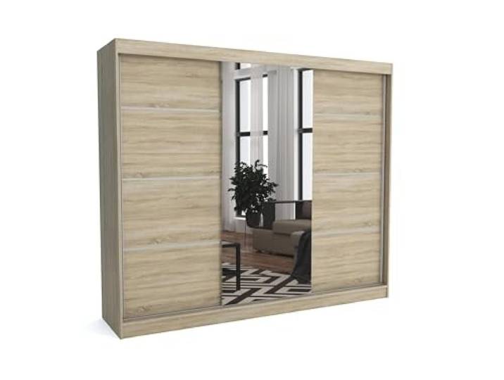 Brent - Kleiderschrank mit Spiegel Tom, 250cm Breit, Schlafzimmerschrank mit 1 Kleiderstange und Einlegeböden für Kleidung, Kleiderschrank Sonoma Eiche