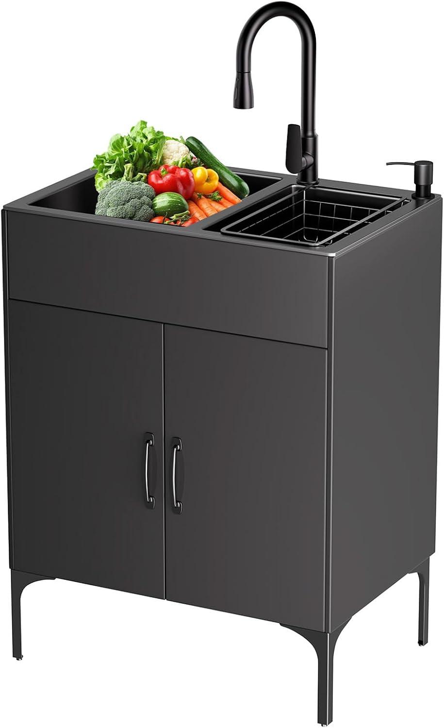 Freistehende Küchenspüle mit Unterschrank aus Edelstahl, Armatur und Abflussgarnitur für Outdoor, Camping, Garten, Werkstatt und Waschküche (Schwarz, 75 * 41 * 85 cm)
