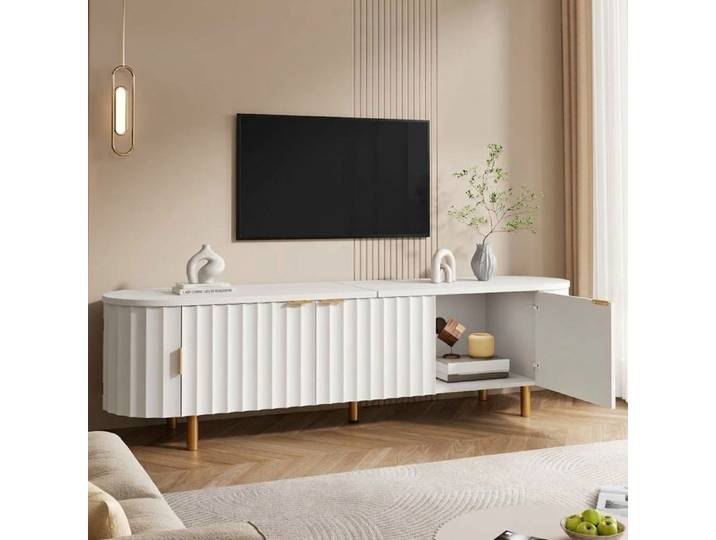 Norevia Meuble TV Blanc 170 cm en MDF Banc TV avec 5 Portes et Bords Arrondis