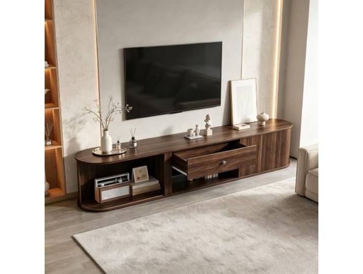 Ropilly TV Lowboard 180 cm Walnuss, Fernsehtisch für 75 Zoll TV, Retro 180x40x40 cm TV-Schrank in Walnuss‑Optik mit Rolltüren und Schublade, geeignet bis 75 Zoll Fernseher.