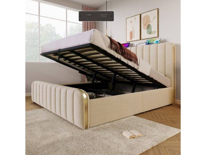 Lit coffre double 180x200 en lin beige sommier à lattes et système de levage hydraulique