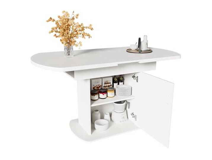 xixiworkshop Ausziehbarer Ovaler Esstisch Mit Stauraum, L110/130xW70xH75cm, Kaffee-Freizeittisch, Moderner Minimalistischer Design (Weiß+Silberner Griff)