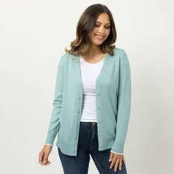 DENIM & CO. Cardigan V-Ausschnitt Knopfleiste Kontraststreifen