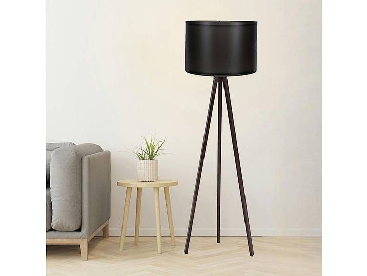 Lampadaire de salon trépied minimaliste KILIS - Noir et effet noyer