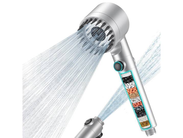 Handbrause mit 15-Schicht-Filter und 1,5m Schlauch, 4 Strahlarten, Silber