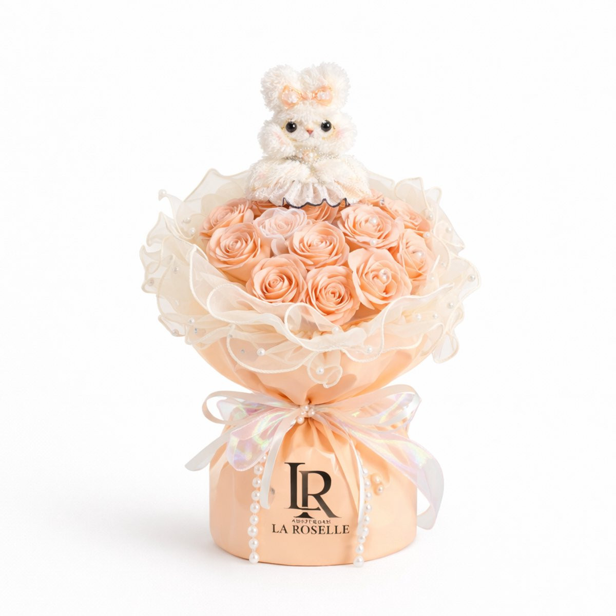 La Roselle Amsterdam Kunstbloemen met Knuffel konijn - Zalm kleurig