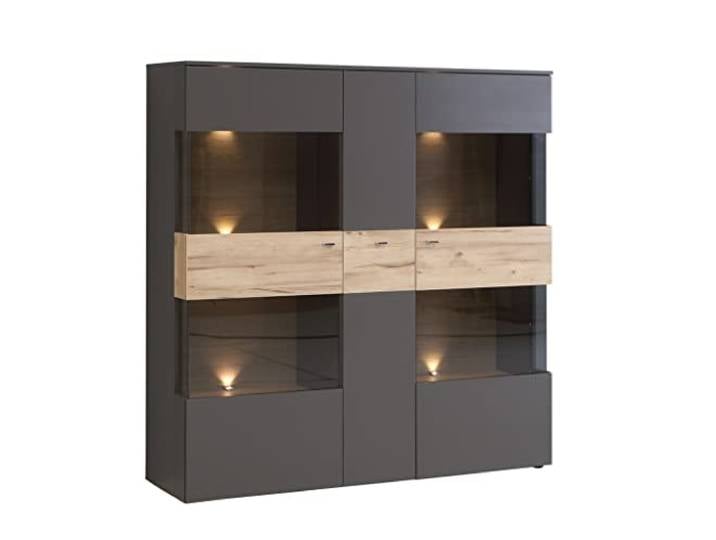 Newroom Vitrine Grau und Planked Eiche Vitrinenschrank Modern - 149,8x152,1x41,3 cm (BxHxT) - Glasvitrine Standvitrine Glasschrank - [Melvin.Four] Wohnzimmer Wohnstube