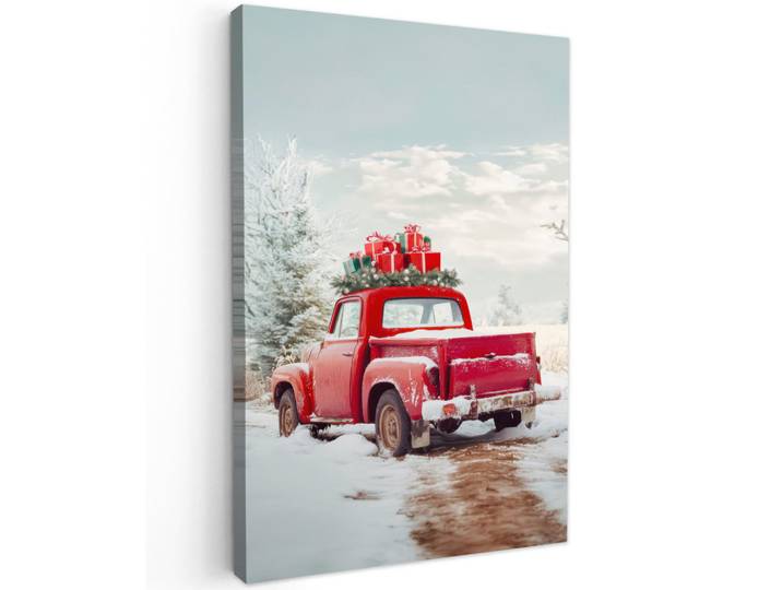 MuchoWow Leinwandbild - Auto - Rot - Geschenke - Winter - Schnee - Weihnachten - 60x90 - Kunstdruck, Textil, Kiefer, Abstrakt, Rechteckig, 60x90 cm, gerahmt, Bilder & Rahmen, Bilder, Wandbilder