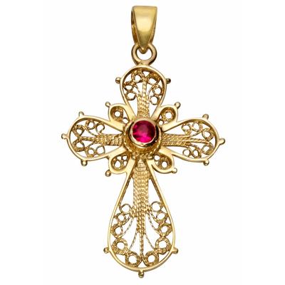 Kreuzanhänger FIRETTI "Schmuck Geschenk Gold 375 Halsschmuck Anhänger Halskette Kreuz", gold (gelbgold, 375, rot, rot), Schmuckanhänger, Damen, Gelbgold 375, 1,37 g, mit Rubin