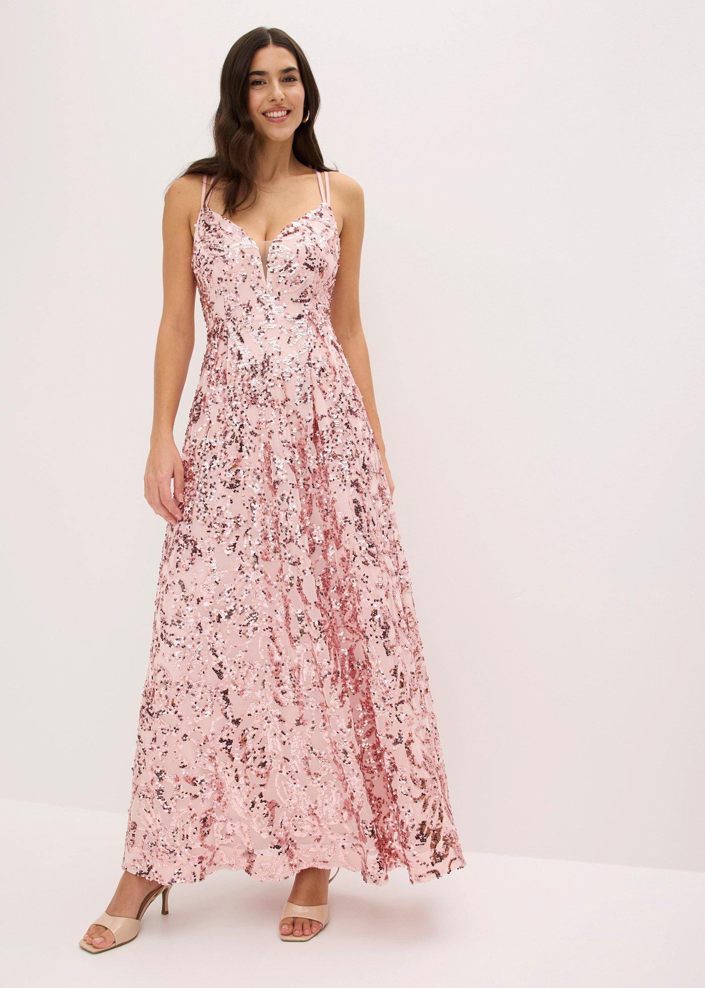 bonprix Abendkleid mit Paillettenstickerei, rosa, Gr.52, Maxikleid mit Paillettenstickerei und doppelten Spaghetti-Trägern