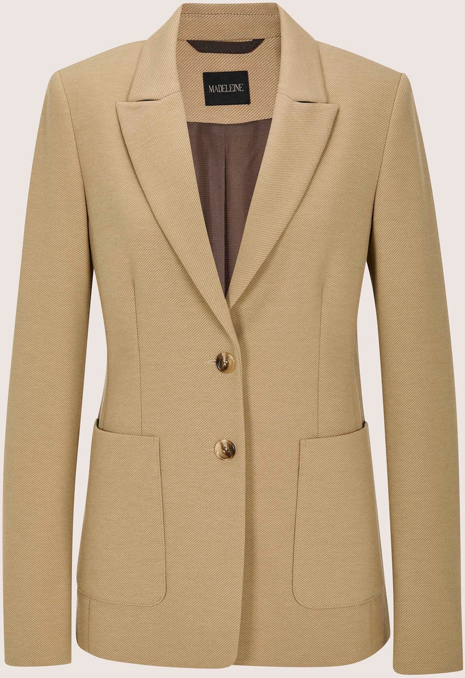 Jackenblazer MADELEINE "Blazer Jerseyblazer mit Reverskragen", Damen, Gr. 34, beige (berber), Obermaterial: 70% Polyester PES. 27% Viskose CV. 3% Elasthan EL., Modern, tailliert, Blazer, Formgebende Abnäher