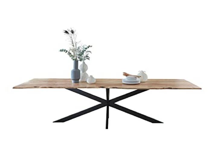 SAM Esstisch Kalea 280x100 cm Akazie natur / Spider-Gestell schwarz massiv, Akazienholz naturfarben, Tischplatte 26 mm, Baumkantentisch, Esszimmertisch, Metallgestell, Industrial-Design